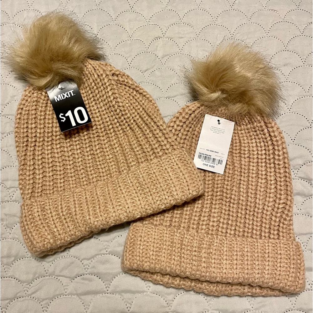 Camel-colored Knit Beanie with Pom and Brim, NWT! Only one left!